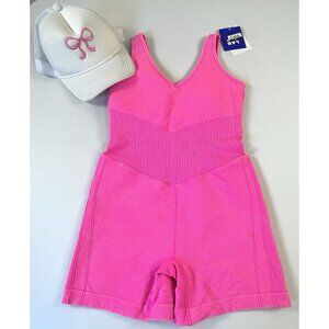 Joylab Short Bodysuit Pink Bow Trucker Hat Lot Active Workout Yoga Romper NWT M